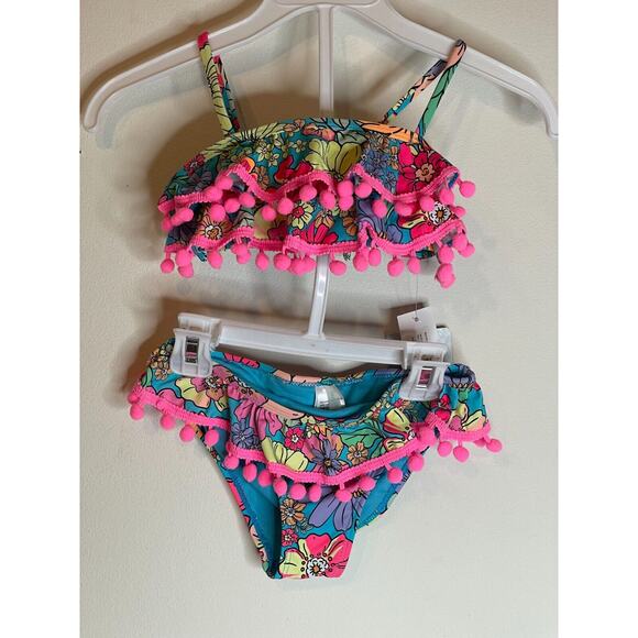 Beach Lingo Mod Blossom RFL Bra Set 2 Piece Swimwear Pink 4/5 Ruffle Pompom NWT - Picture 1 of 4